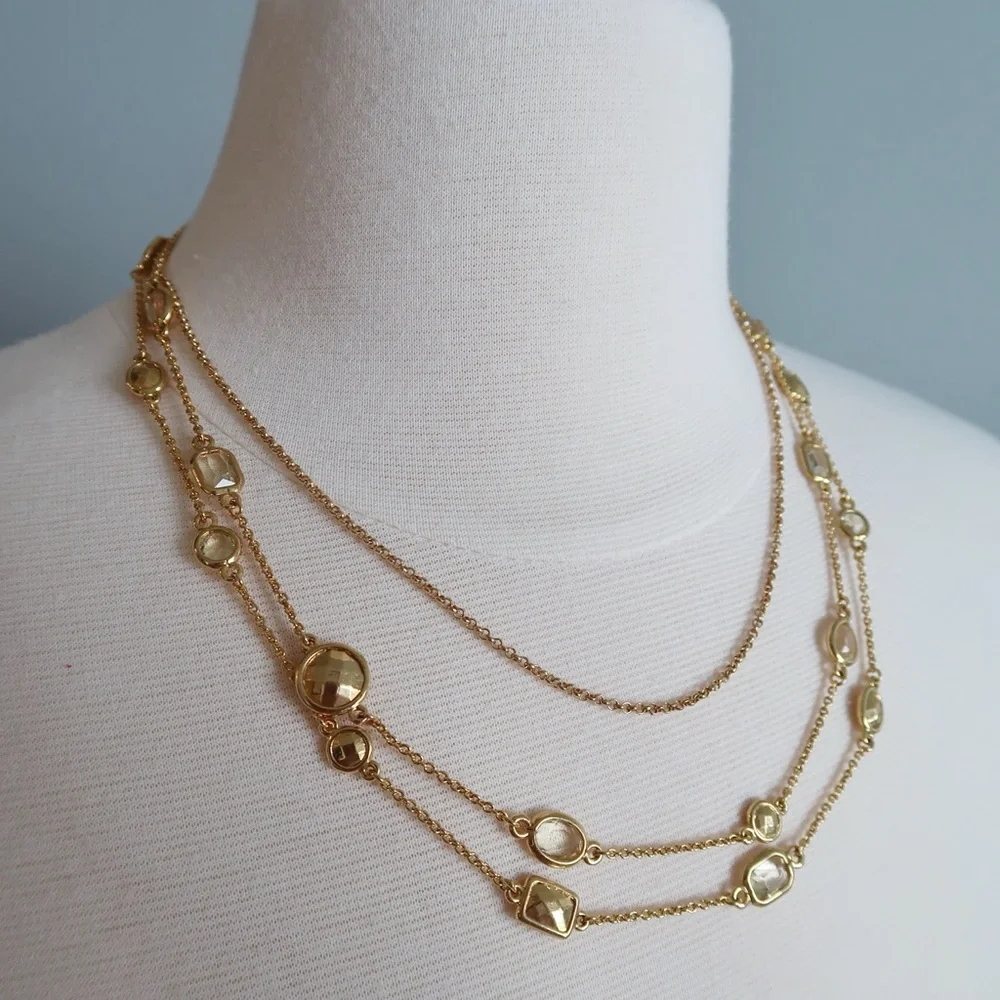 Vintage 3-Strand Gold Bazel Chain Stone Necklace - Picture 2 of 6
